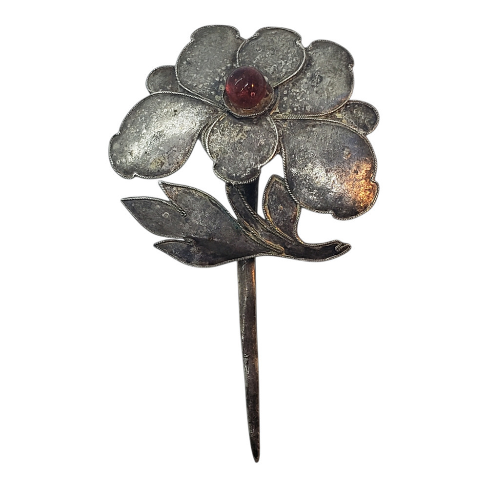 Vintage Sterling Silver Flower Stick Pin Red Cabochon Glass center Art Deco - Picture 2 of 8